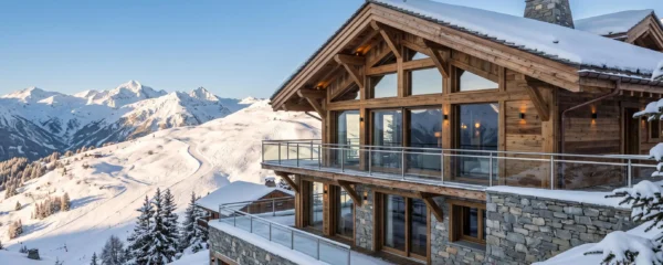 Luxury wooden and stone chalet with panoramic windows on snow-covered Courchevel slope, Trois Vallées mountain peaks visible in background under golden hour sunlight