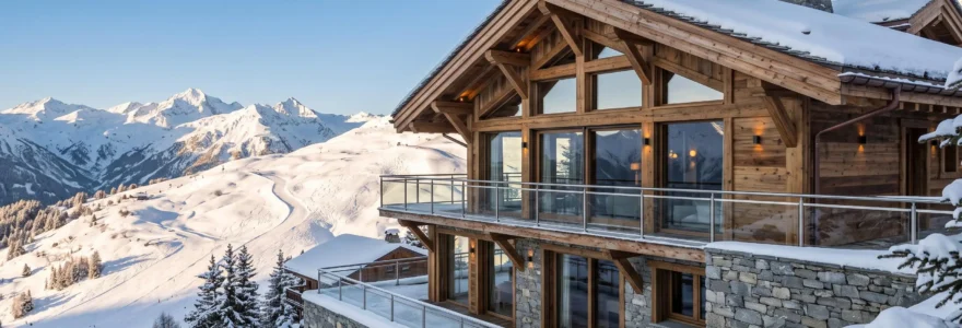 Luxury wooden and stone chalet with panoramic windows on snow-covered Courchevel slope, Trois Vallées mountain peaks visible in background under golden hour sunlight