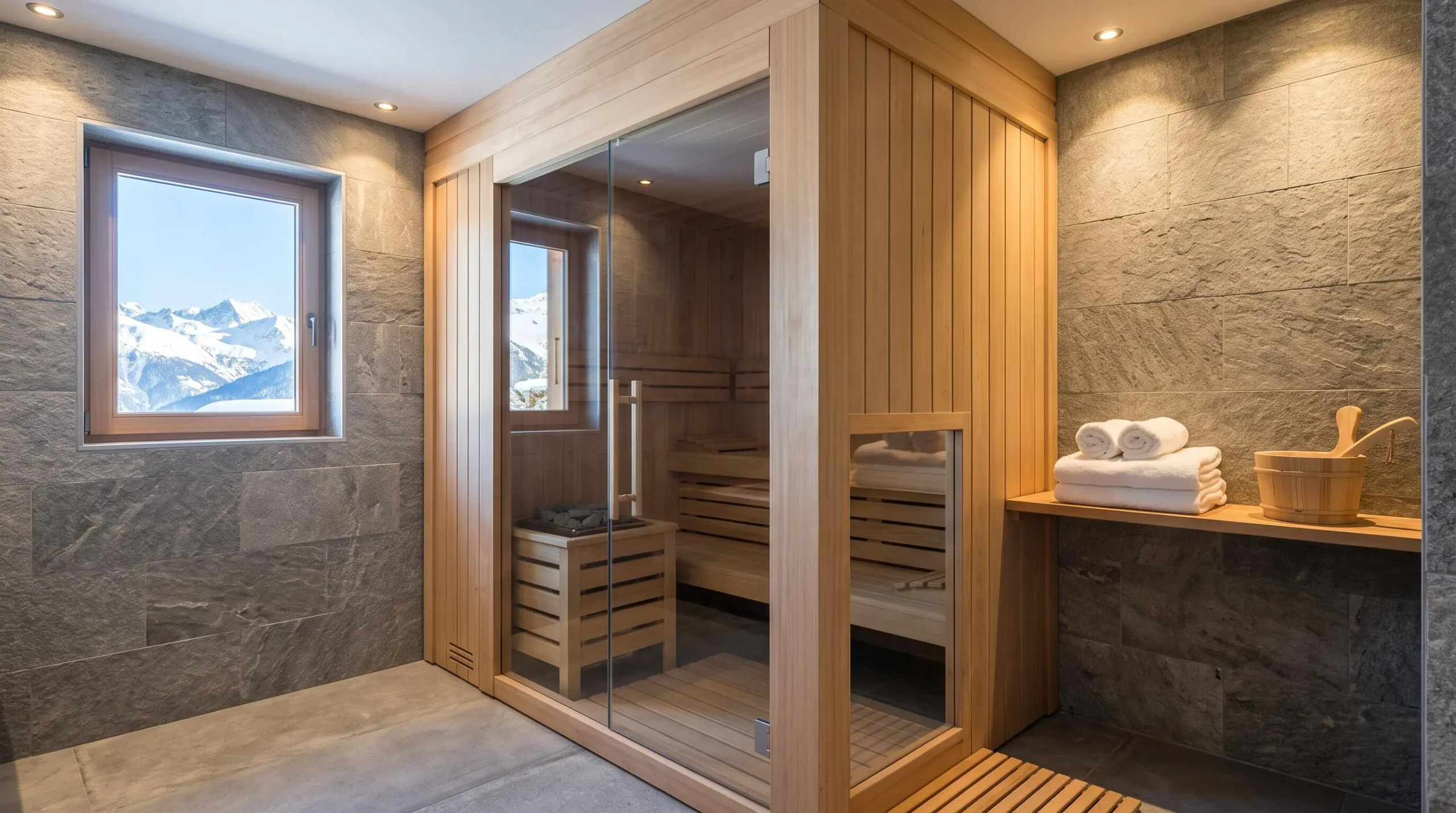 Private wooden sauna cabin with glass door in luxury chalet spa area, natural stone walls and mountain view window with ambient lighting