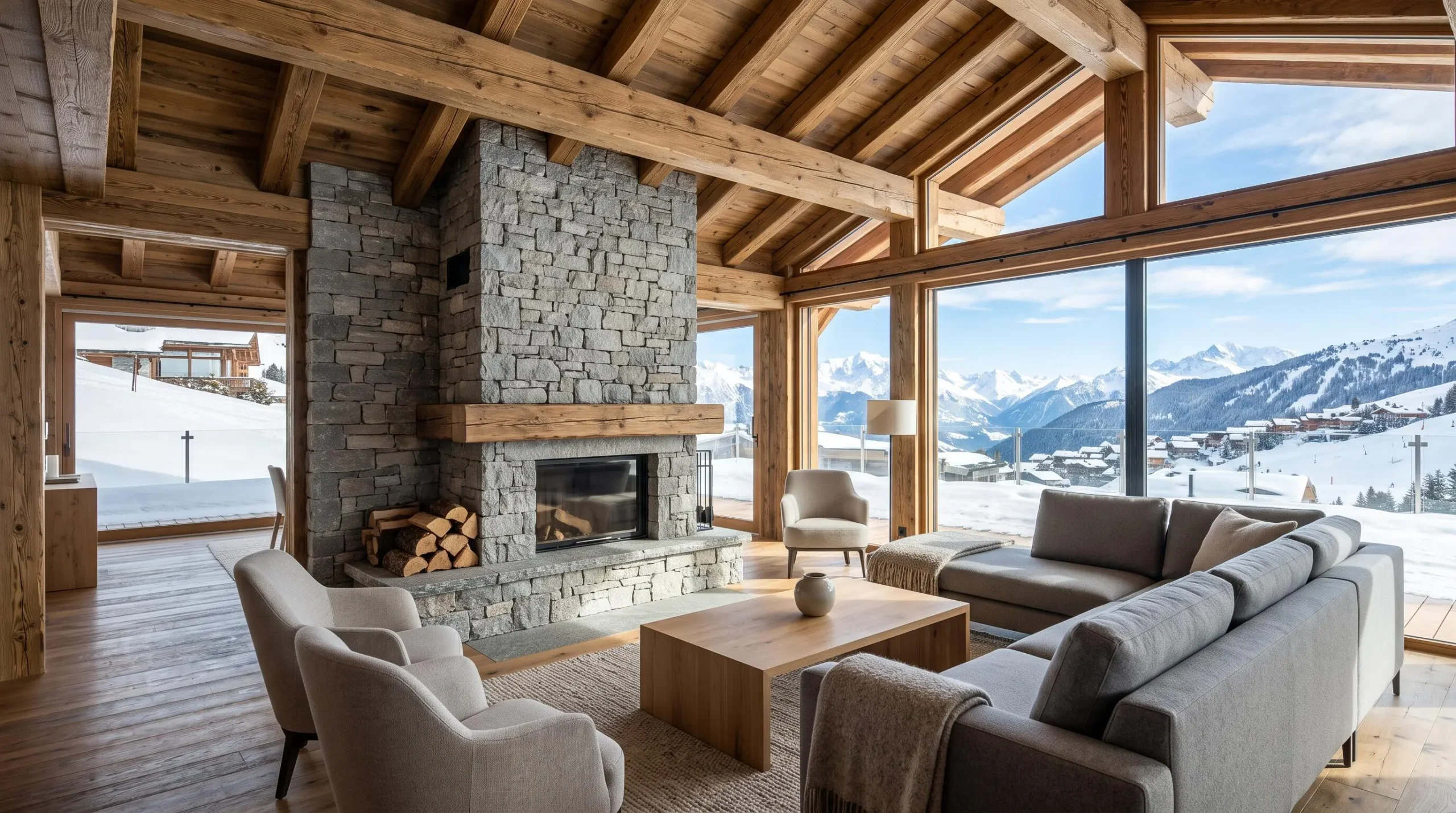 Traditional grey freestone fireplace with exposed wood ceiling beams in modern luxury chalet interior, panoramic mountain windows flooding space with natural light